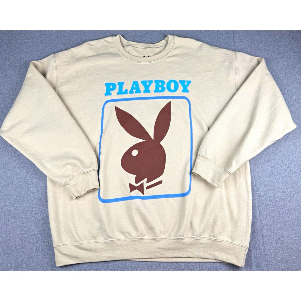 Playboy Sweatshirt Mens XL Beige Oversized Bunny Logo Graphic Crewneck